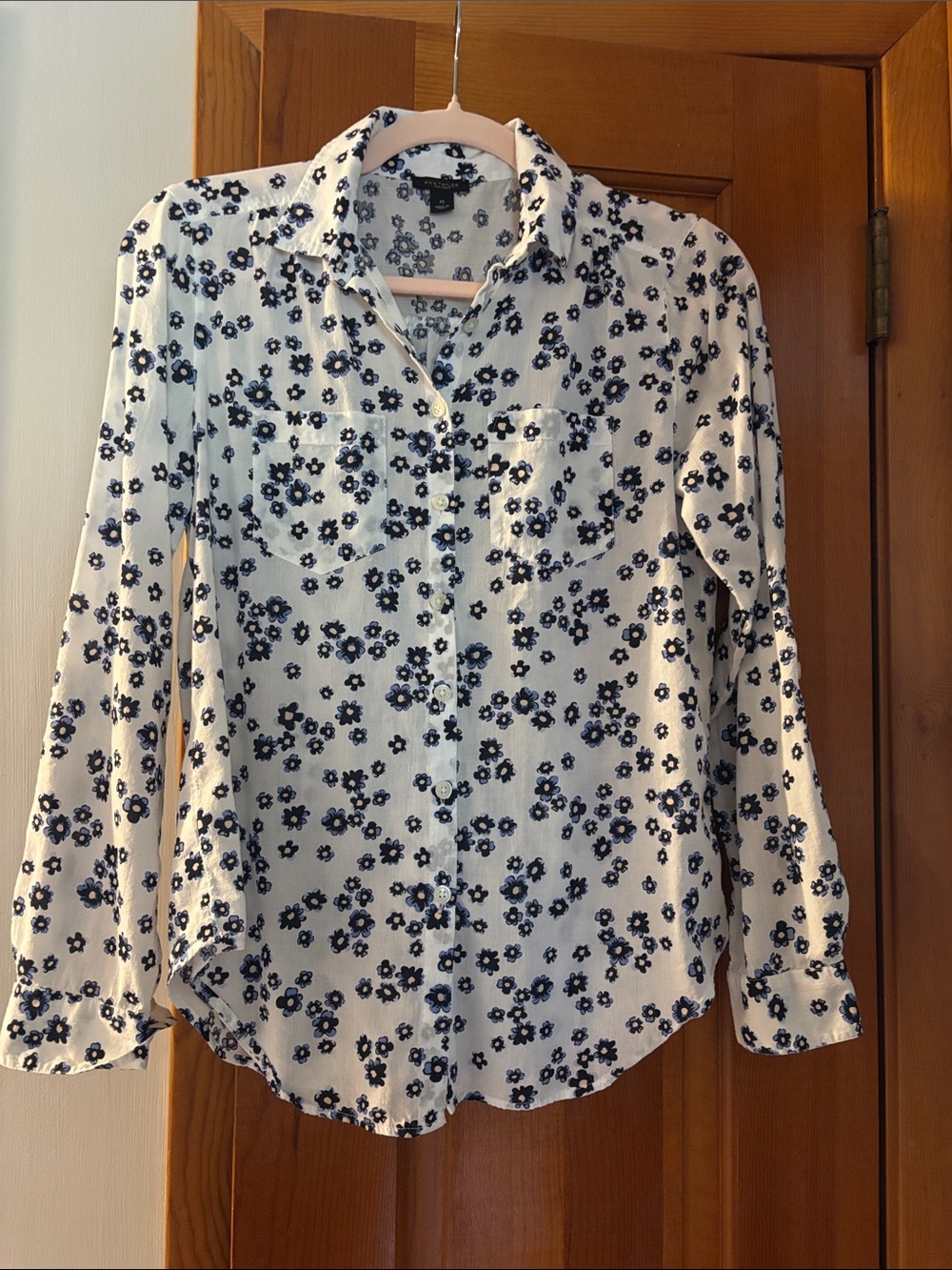 Ann Taylor White Button-Down Shirt with Navy Floral Print